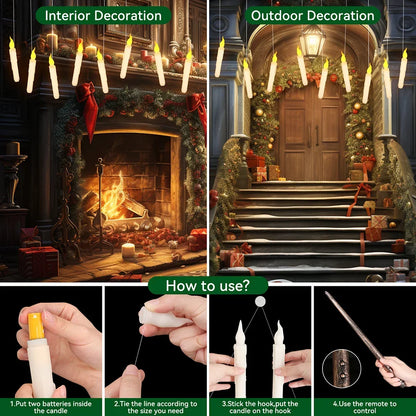 12/48Pcs Floating Candles with Magic Wand Flickering Warm Light LED Flameless Candle Taper Candles for Christmas Halloween Party